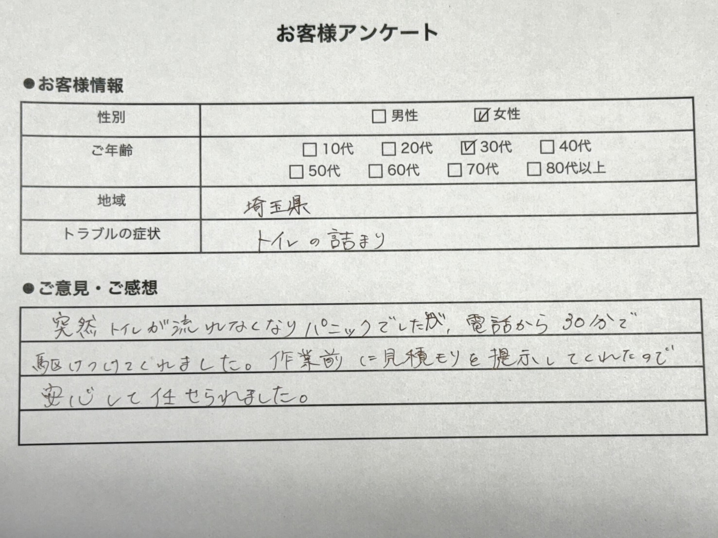 トイレ詰まりのトラブルに関するお客様の声