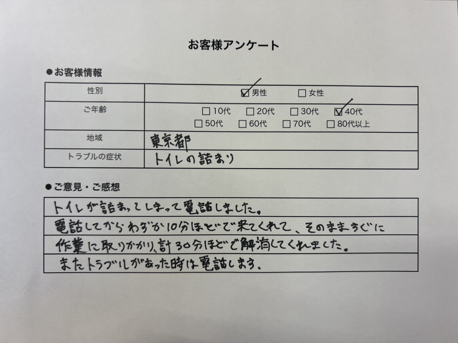 トイレ詰まりに関するお客様の声